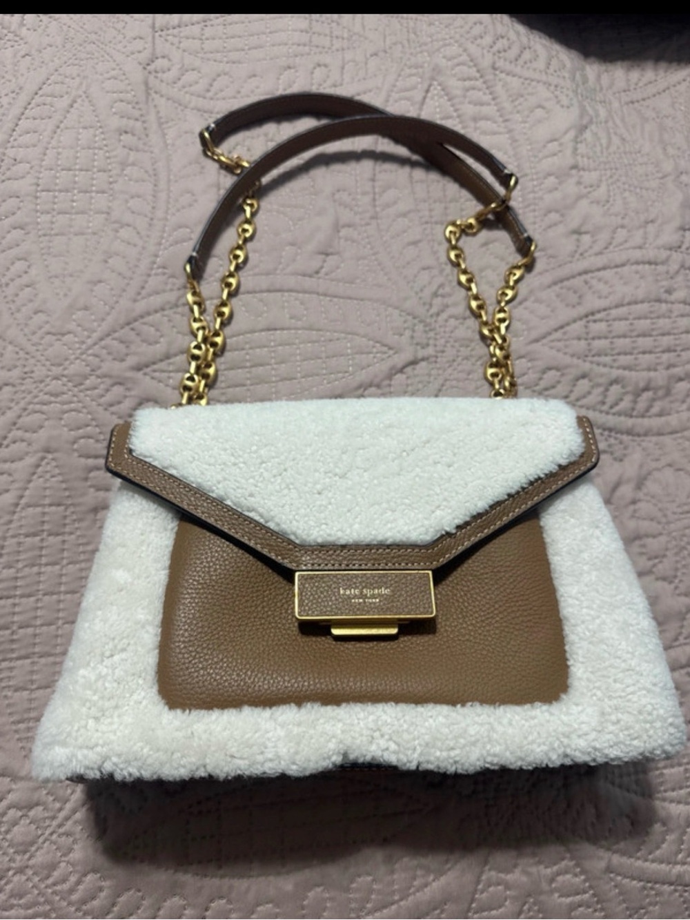 kate spade White Faux-Shearling & Brown Leather Chain Shoulder Bag